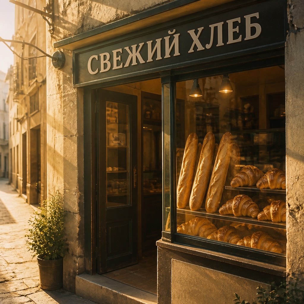 Пекарня после правки в Grok: вывеска &laquo;Свежий хлеб&raquo;