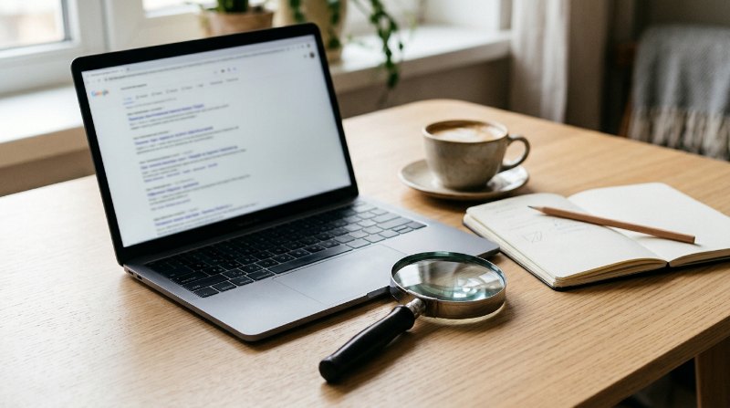 Ноутбук с поисковой выдачей и лупа – генератор SEO-заголовков TurboText, изображение создано в Nano Banana